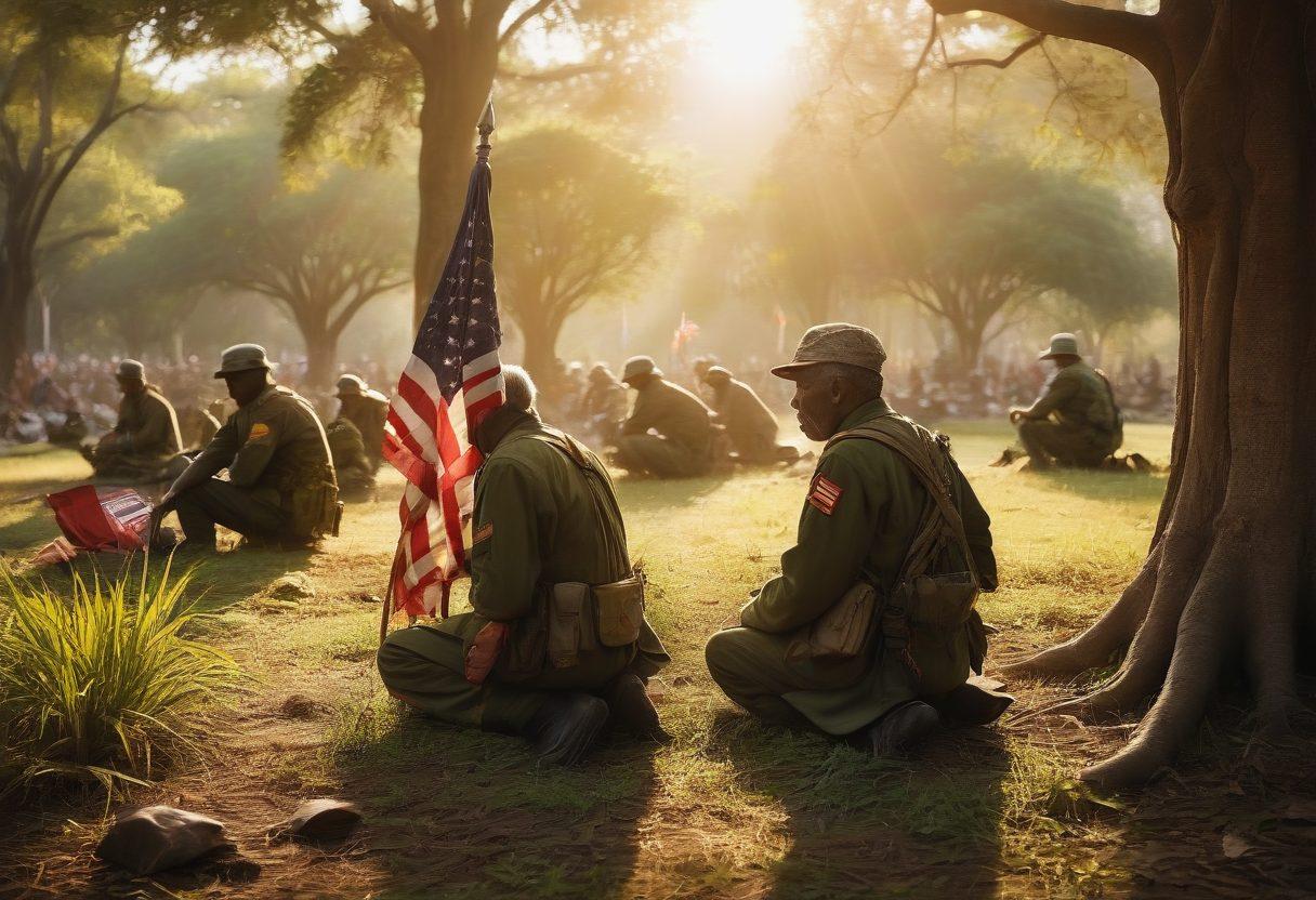 A poignant scene depicting a group of diverse Vietnam War veterans sharing stories in a lush green park, with sunlight filtering through the trees, evoking warmth and nostalgia. In the foreground, a worn American flag and memorabilia like medals and photographs are visible, symbolizing valor and sacrifice. The background features silhouettes of war-torn landscapes to represent their untold narratives. super-realistic. warm colors. soft focus.