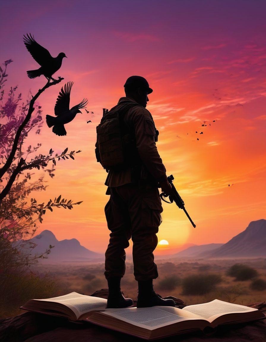 A powerful silhouette of a soldier standing at the edge of a battlefield, with vibrant colors painting a sunset sky, while pages from a book flutter in the wind around him. In the foreground, scattered symbols of peace like doves and olive branches contrast the soldier's warrior stance. The backdrop features subtle shadows of historical war scenes blending into open books, symbolizing the transition from conflict to narrative. super-realistic. vibrant colors. dramatic lighting.