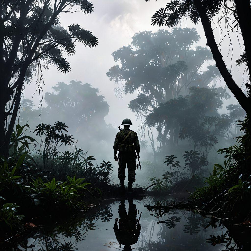 A powerful scene depicting a soldier in a dense, misty jungle, engaging in a moment of reflection, surrounded by shadowy figures representing historical military leaders from Vietnam. In the background, a silhouette of war-torn landscapes and remnants of military equipment. Above, a sky filled with evocative clouds symbolizing the passage of time and sacrifice. The atmosphere should convey honor and resilience. hyper-realistic. muted colors. stark contrasts.